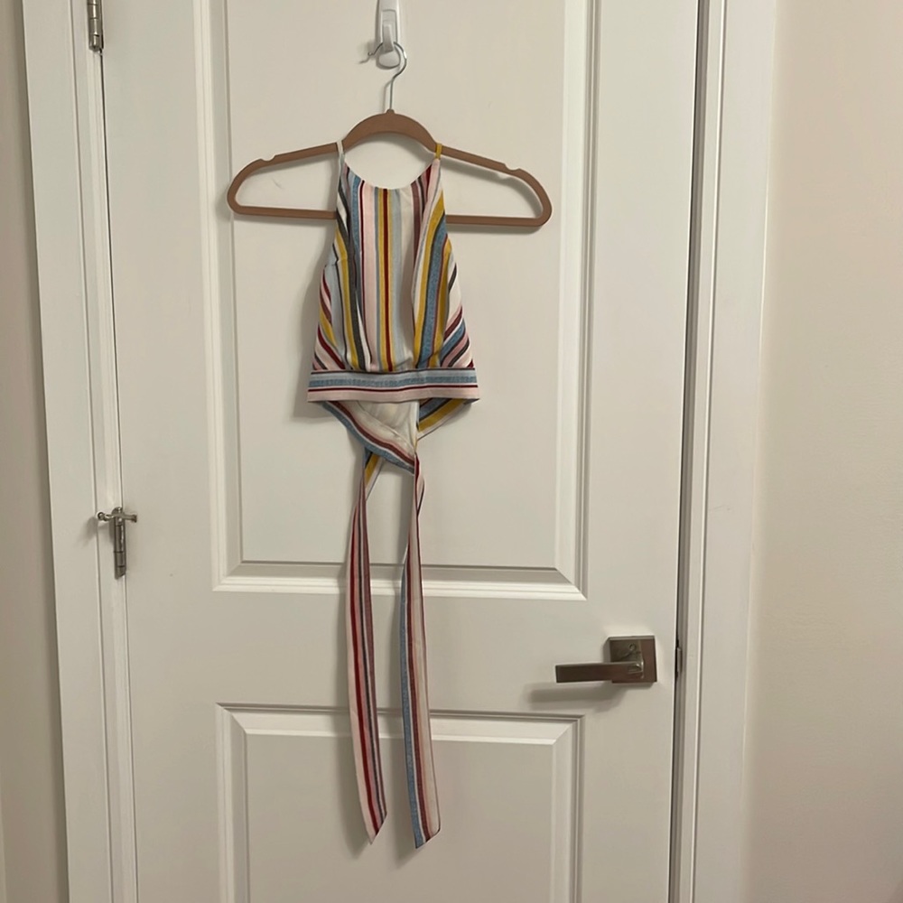 Aqua Striped Cropped Halter Top